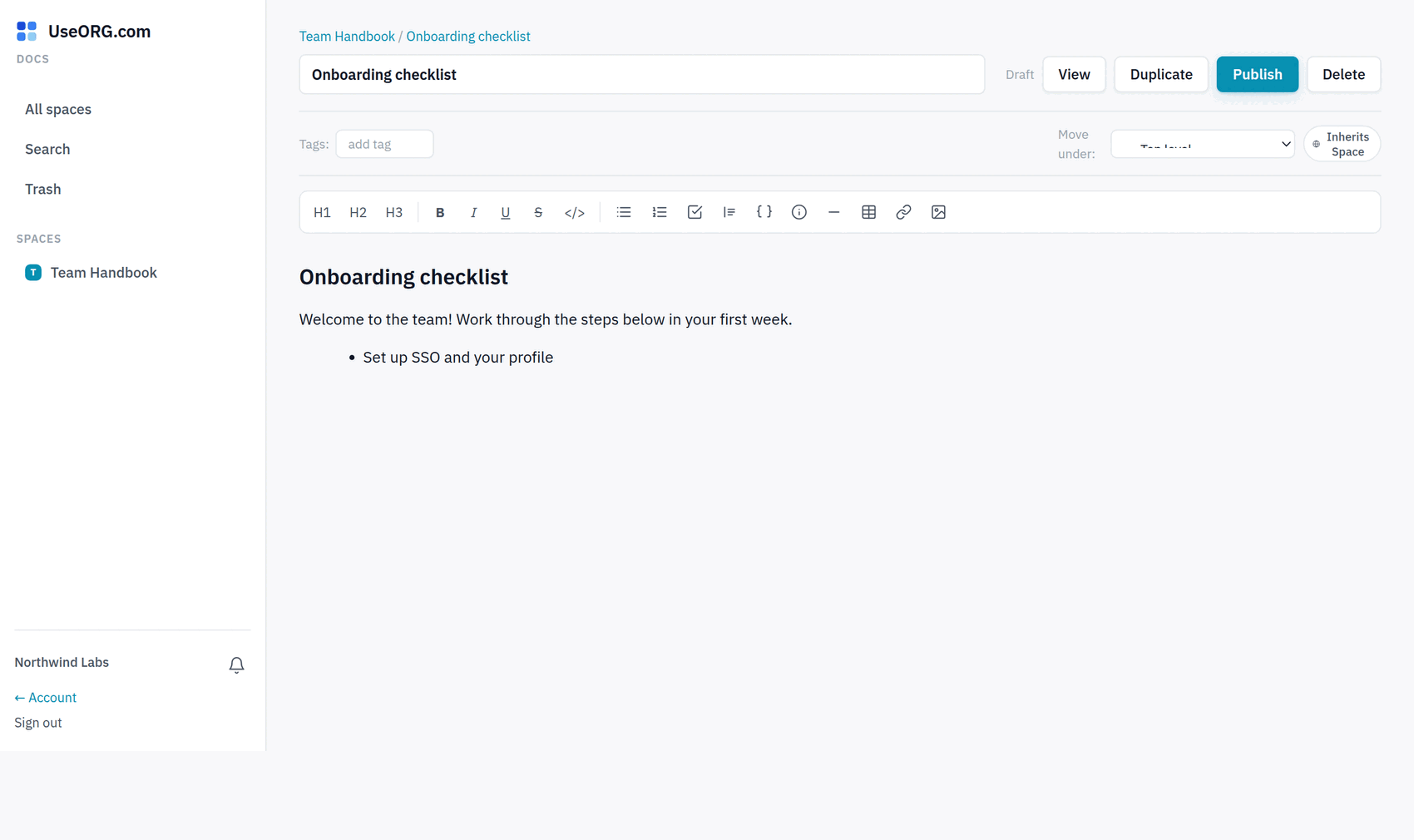 The Docs editor in UseORG.com