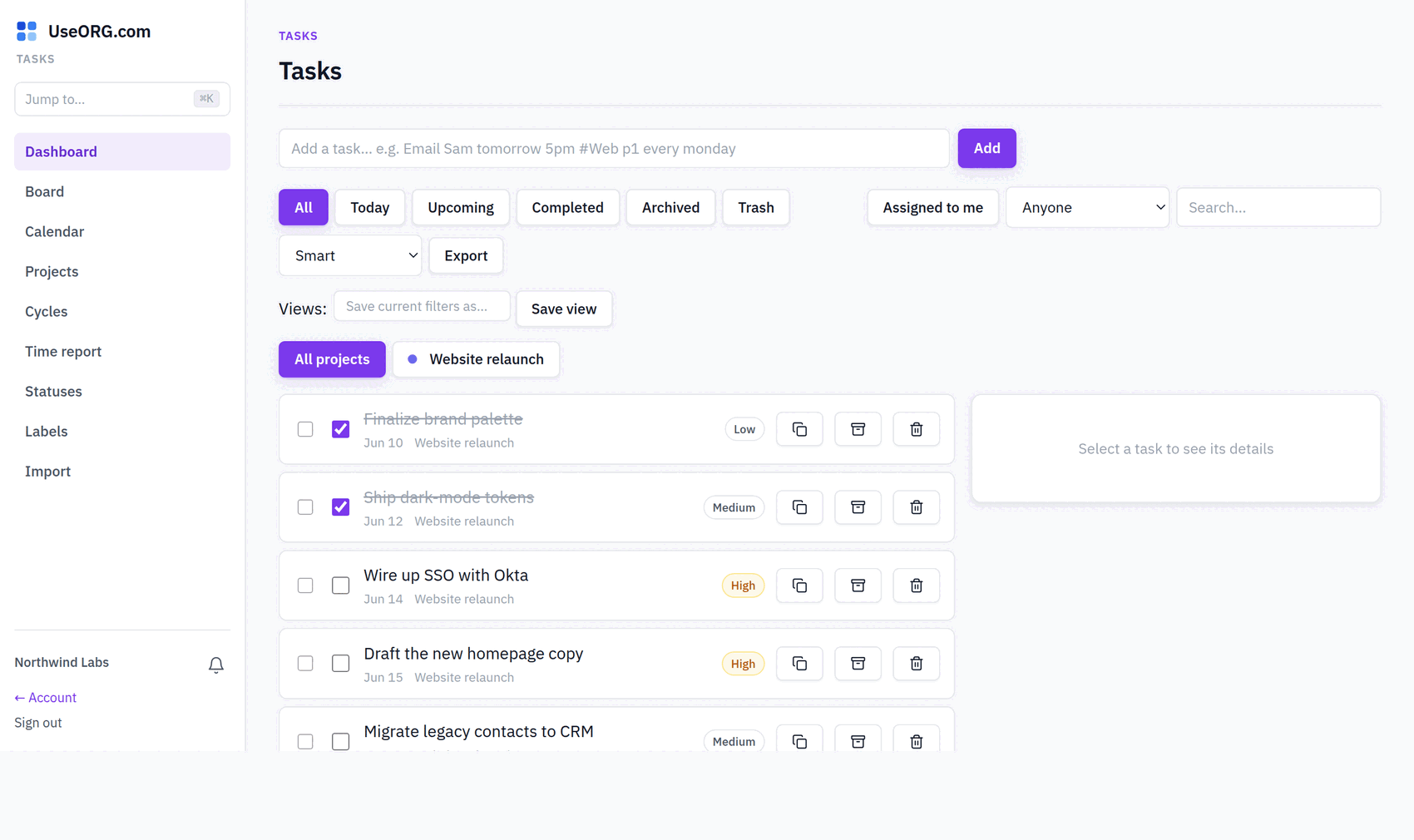 The Tasks list view in UseORG.com
